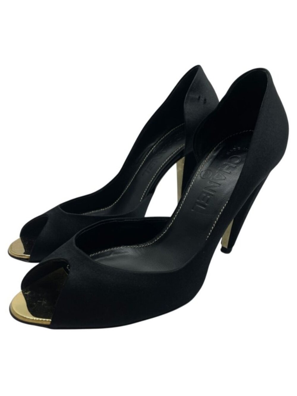Chanel Pumps High Heels Open Toe Satin Leather Black Gold Shoes Casual